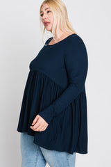 Navy Blue Babydoll Hi-Low Long Sleeve Plus Top