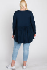 Navy Blue Babydoll Hi-Low Long Sleeve Plus Top