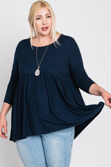 Navy Blue Babydoll Hi-Low Long Sleeve Plus Top