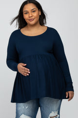 Navy Blue Babydoll Hi-Low Long Sleeve Maternity Plus Top