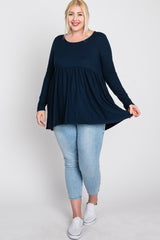 Navy Blue Babydoll Hi-Low Long Sleeve Plus Top