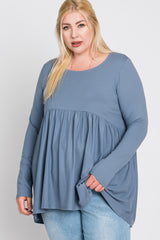 Grey Babydoll Hi-Low Long Sleeve Plus Top