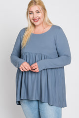 Grey Babydoll Hi-Low Long Sleeve Plus Top