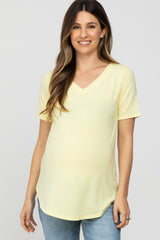 Yellow V-Neck Maternity Short Sleeve Round Hem Top