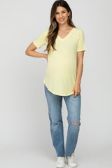 Yellow V-Neck Maternity Short Sleeve Round Hem Top