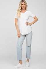 Ivory V-Neck Short Sleeve Round Hem Top