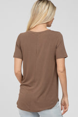 Brown V-Neck Short Sleeve Round Hem Top