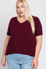 Burgundy V-Neck Round Hem Plus Top