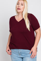 Burgundy V-Neck Round Hem Plus Top