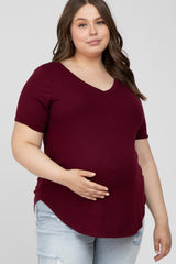 Burgundy V-Neck Round Hem Maternity Plus Top