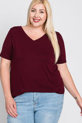 Burgundy V-Neck Round Hem Maternity Plus Top