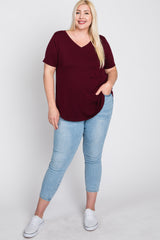 Burgundy V-Neck Round Hem Plus Top