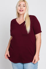 Burgundy V-Neck Round Hem Plus Top