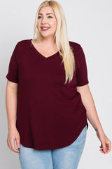 Burgundy V-Neck Round Hem Plus Top