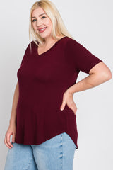 Burgundy V-Neck Round Hem Plus Top