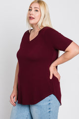 Burgundy V-Neck Round Hem Plus Top