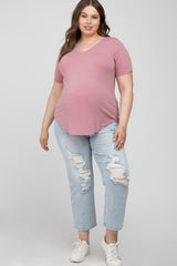 Mauve V-Neck Round Hem Maternity Plus Top