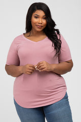 Mauve V-Neck Round Hem Maternity Plus Top