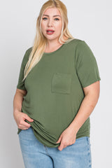 Light Olive Crew Neck Front Pocket Short Sleeve Plus Top