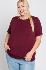 Burgundy Crew Neck Front Pocket Short Sleeve Plus Top