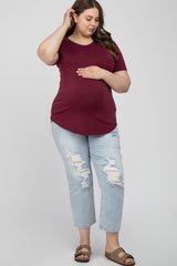 Burgundy Crew Neck Front Pocket Short Sleeve Maternity Plus Top