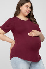 Burgundy Crew Neck Front Pocket Short Sleeve Maternity Plus Top