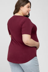 Burgundy Crew Neck Front Pocket Short Sleeve Maternity Plus Top