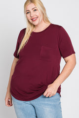 Burgundy Crew Neck Front Pocket Short Sleeve Plus Top