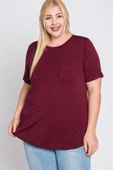 Burgundy Crew Neck Front Pocket Short Sleeve Plus Top