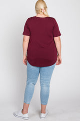 Burgundy Crew Neck Front Pocket Short Sleeve Plus Top