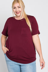 Burgundy Crew Neck Front Pocket Short Sleeve Plus Top