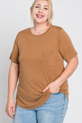 Camel Crew Neck Front Pocket Short Sleeve Plus Top