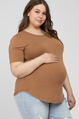 Camel Crew Neck Front Pocket Short Sleeve Maternity Plus Top