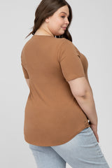 Camel Crew Neck Front Pocket Short Sleeve Maternity Plus Top