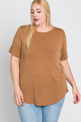 Camel Crew Neck Front Pocket Short Sleeve Plus Top