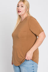 Camel Crew Neck Front Pocket Short Sleeve Plus Top