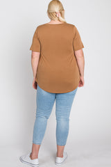 Camel Crew Neck Front Pocket Short Sleeve Plus Top