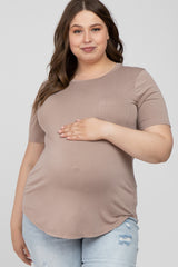 Taupe Crew Neck Front Pocket Short Sleeve Maternity Plus Top