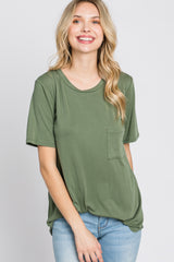 Light Olive Crew Neck Front Pocket Short Sleeve Top