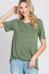 Light Olive Crew Neck Front Pocket Short Sleeve Maternity Top