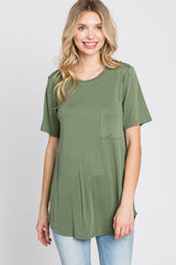 Light Olive Crew Neck Front Pocket Short Sleeve Top