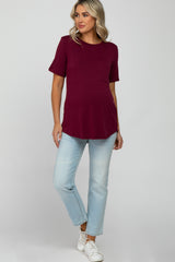 Burgundy Crew Neck Front Pocket Short Sleeve Maternity Top