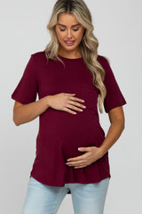 Burgundy Crew Neck Front Pocket Short Sleeve Maternity Top