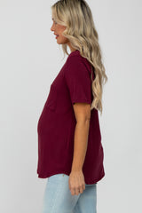 Burgundy Crew Neck Front Pocket Short Sleeve Maternity Top