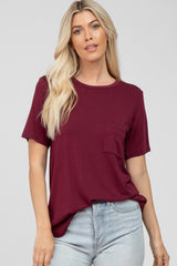 Burgundy Crew Neck Front Pocket Short Sleeve Maternity Top