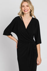 Black Wrap Front Midi Dress