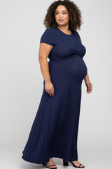 Navy Blue Twist Front Maternity Plus Maxi Dress