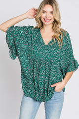 Emerald Green Floral Ruffle Dolman Sleeve Top