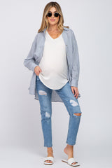 Grey Striped Button Up Maternity Top