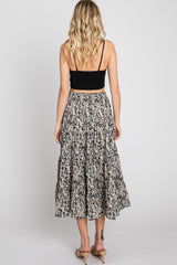 Black Leaf Print Tiered Midi Skirt